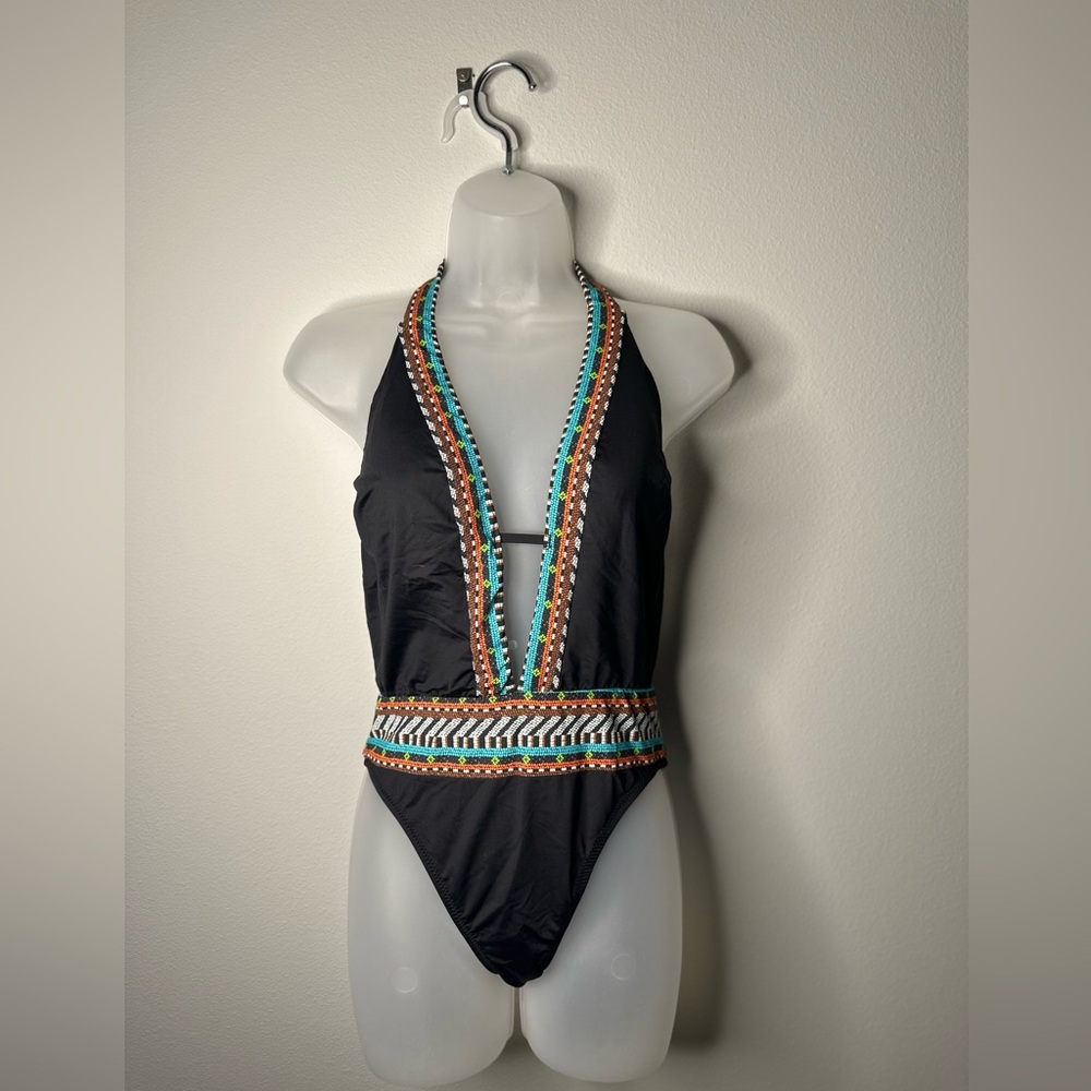 Nanette Lepore Tribal Beat Goddess One-Piece Swimsuit, Black, NWT Size Small